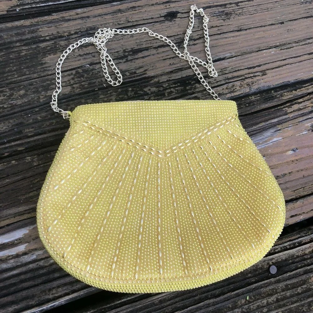 Yellow Gold Corde Art Deco Beaded Purse Evening Bag Vintage 50s 60s Hong Kong